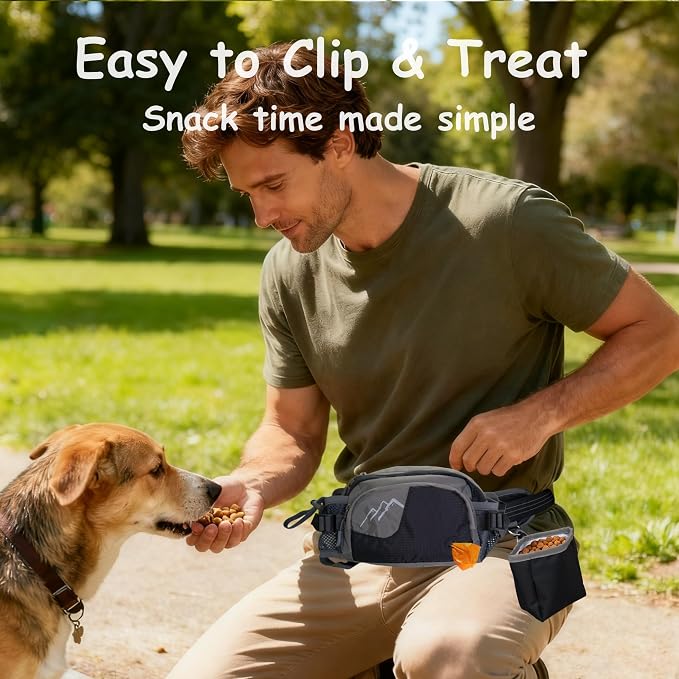 Dog Walking Fanny Pack with Removable Treat Pouch & 2 Retractable 300ml Water Bottle Holders, No Spill Magenetic Clasp - Hands-Free Pouches Training Waist Bag for Dog Owners, Poop Bag Dispenser