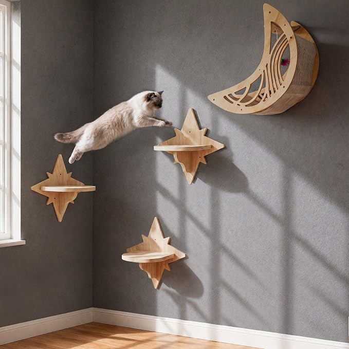 Moon & Star Cat Wall Shelves, Modern Cat Furniture Perch for Indoor Cats | Kitten Shelves with Decorative Cutouts, Space-Saving, Stable & Safe, Paintable, Pre-Drilled, Wood Cat Climbing System