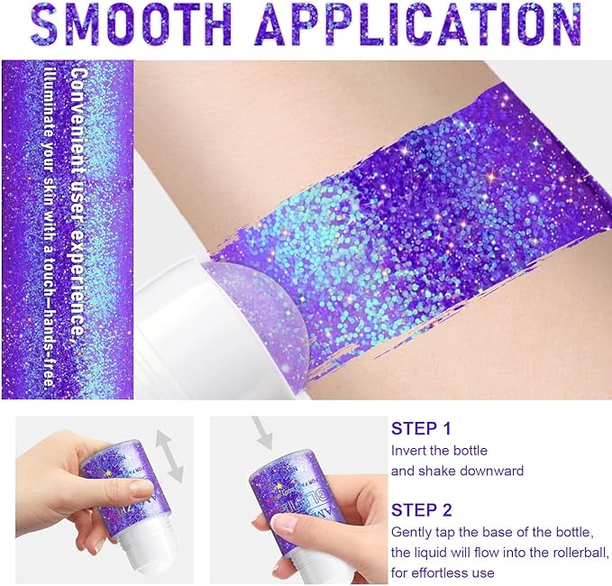 Roll-on Holographic Body Glitter Gel for Face and Hair, Chameleon Color Changing Glitter Gel Under Light, Chunky Mermaid Sequins Festival Party Rave Accessories Body Shimmer Makeup (Purple)