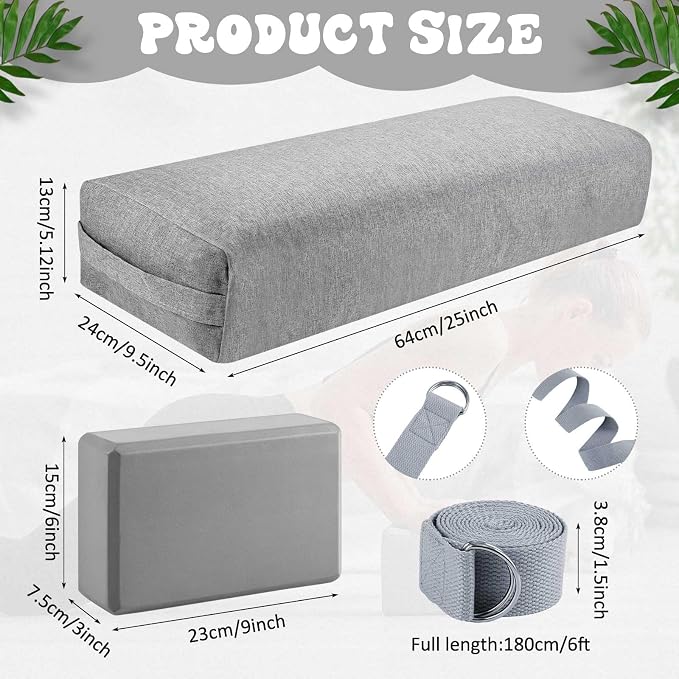 4 Pcs Yoga Bolster Pillows Blocks with Strap Set Comfortable Meditation Pillow with Carry Handle for Restorative Non Slip Reusable Yoga Blocks for Balance, Pilates, Washable Cover
