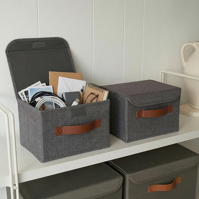 Decorative Linen Storage Boxes with Lids - Spacious Set of 2 Organizer Bins | The Perfect Small Container for Home Decor - Safely Store Photos, Documents and Memory Box Keepsakes in Style