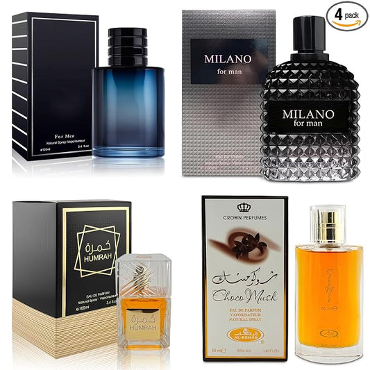 AFLUXE 4-Piece Cologne for Men Includes Choco Musk/SE/Humrah/Milano Scent of Woody, Spicy, Citrus & Aromatic eau de parfum Men Gift Set Each 100Ml for Daily Use