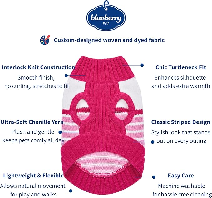 Blueberry Pet Cozy Soft Chenille Classy Striped Dog Sweater in Pinky Princess, Back Length 10", Pack of 1 Clothes for Dogs