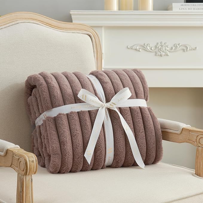 Faux Fur Throw Blanket for Couch, Cozy Fuzzy Fluffy Fur Luxurious Soft Striped Plush Gift Blankets for Family Sofa Chair Bedroom, 55"x70", Light Coffee