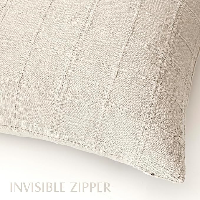 Foindtower Set of 2 Decorative Linen Check Throw Pillow Covers Neutral Farmhouse Lumbar Cushion Covers Modern Boho Home Decor for Sofa Chair Couch Bedroom Living Room,12×20 Inch,Natural Beige