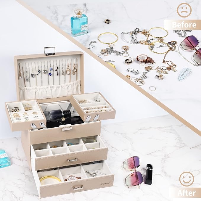 Jewelry Organizer Box, Large Jewelry Boxes for Women Girls, Space-Saving 4 Layers Jewelry Storage Case with Drawer, Movable Metal Stand, Modern, Gift Idea (Champagne + Silver)
