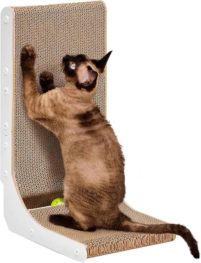 EHEYCIGA Cardboard Cat Scratcher for Indoor Cats, 19 Inch, White | L Shaped Scratching Post, Vertical Cat Scratching Board with Ball Cat Toy, Furniture Protector, Kitten Cat Scratch Pad