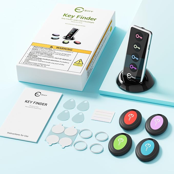 Esky Key Finder Locator with 80dB Noise Sound Item Trackers 4 Receivers | Wireless Key Finders with 131ft Range Beeper Tags & Flashlight for Finding Keys Wallet Remote Control Pet Phone