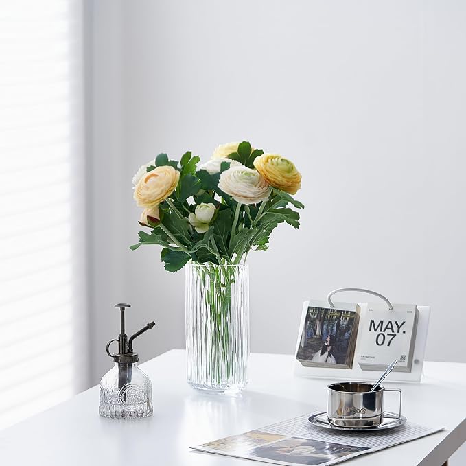 Clear Glass Flower Vase for Pampas Grass, 7.5 inch Medium Decorative Centerpiece Ribbed Vase for Dining Table, Office Desktop, Shelf Bookshelf, Mantel, Entryway, Bathroom, Countertop, Farmhouse, Gift