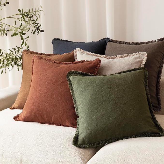 Foindtower Set of 2 Decorative Linen Fringe Throw Pillow Covers Farmhouse Cushion Cover with Tassels Soft Accent Pillowcase for Couch Chair Sofa Bed Living Room Home Decor,20×20 Inch,Fall Rust Orange