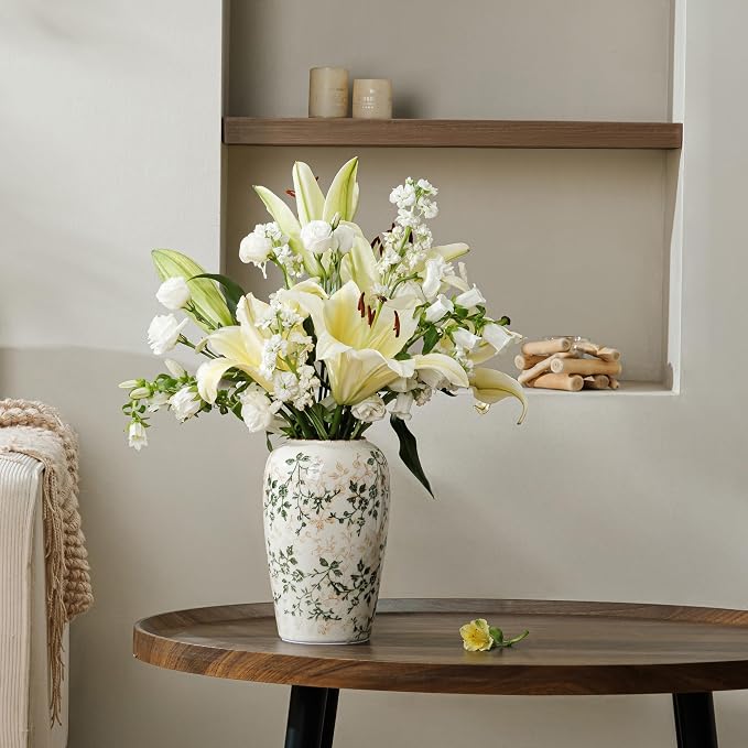 Ceramic Flower Vase for Home Decor, Vintage Green Decorative Vase 8.5 Inch | Rustic Farmhouse Floral Vase for Living Room, Mantel, Coffee Table, Kitchen, Bookshelf, Entryway, Wedding Centerpiece
