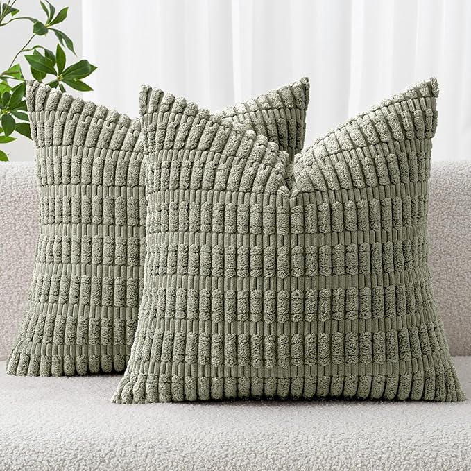 MIULEE Corduroy Decorative Throw Pillow Covers 16x16 Light Olive Pack of 2 | Green Soft Boho Striped Pillow Covers Modern Farmhouse Home Decor For Sofa Living Room Couch Bed