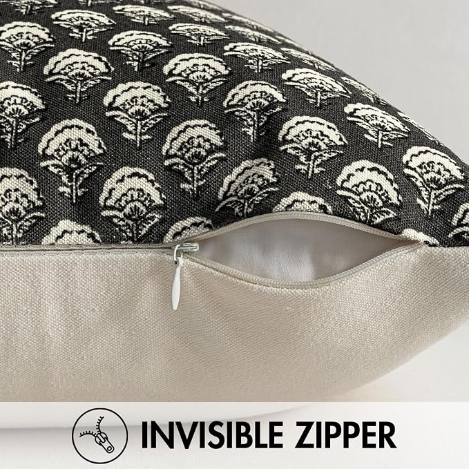 MIULEE Floral Print Decorative Pillow Covers Fall 20x20, Black | Vintage Boho Farmhouse Modern Home Decor, Set of 2, Block Print Cushion Covers for Couch Sofa Bed Living Room