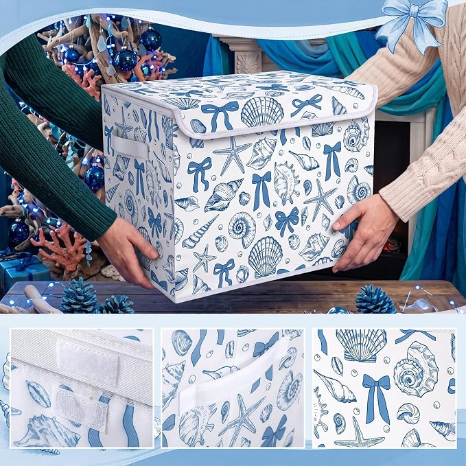 Briwooody Beach Storage Bin with Lid and Carrying Handle Coastal Blue Bow Seashell Foldable Storage Box Summer Bachelorette Party Decorative Collapsible Container Basket for Closet Home Bedroom Gift