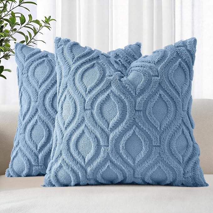 decorUhome Faux Fur Plush Soft Blue Throw Pillow Covers 16x16 Set of 2 | Wool Solid Fall Couch Pillow Covers, Accent Modern Farmhouse Neutral Decorative Square Pillow Cases for Sofa Bed Living Room