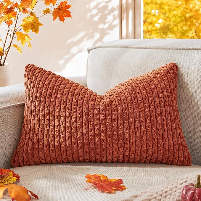 Kevin Textile Soft Corduroy 16"x24" Lumbar Pillow Cover 1 Pack, Rust | Fall Boho Stripe Plush Corduroy Decorative Oblong Cushion Cover Modern Farmhouse Home Decor for Sofa Couch Bed Chair