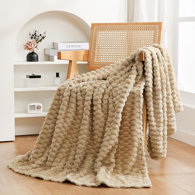 Puncuntex Beige Throw Blanket 60"×80" inches Fuzzy 3D Jacquard Decorative | Flannel Fleece Super Soft Plush Cozy Blanket for Couch Sofa Chair Lightweight