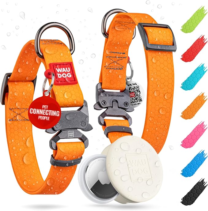 WAUDOG Waterproof Dog Collar Airtag Holder QR Tag Small Medium Large Dogs | Water and Dirt Resistant, Quick Dry QR Pet Tag Adjustable Durable Comfort for Male and Female Dogs Outdoor Walking Training