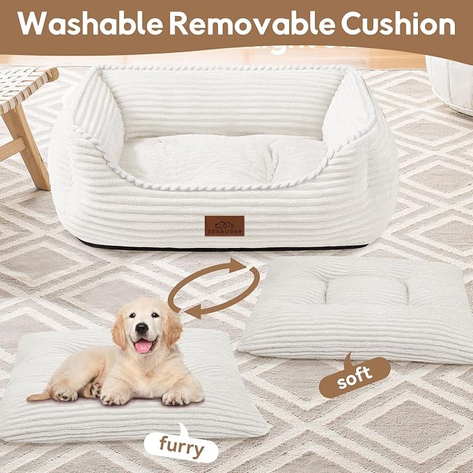 Zerbuger 25in Cream Rectangle Cat Dog Bed Machine Washable Sleeping Sofa | for Large Medium Small Pets Indoor Outdoor, Non-Slip Bottom Soft Puppy Bed Durable Orthopedic Calming Pet Cuddler