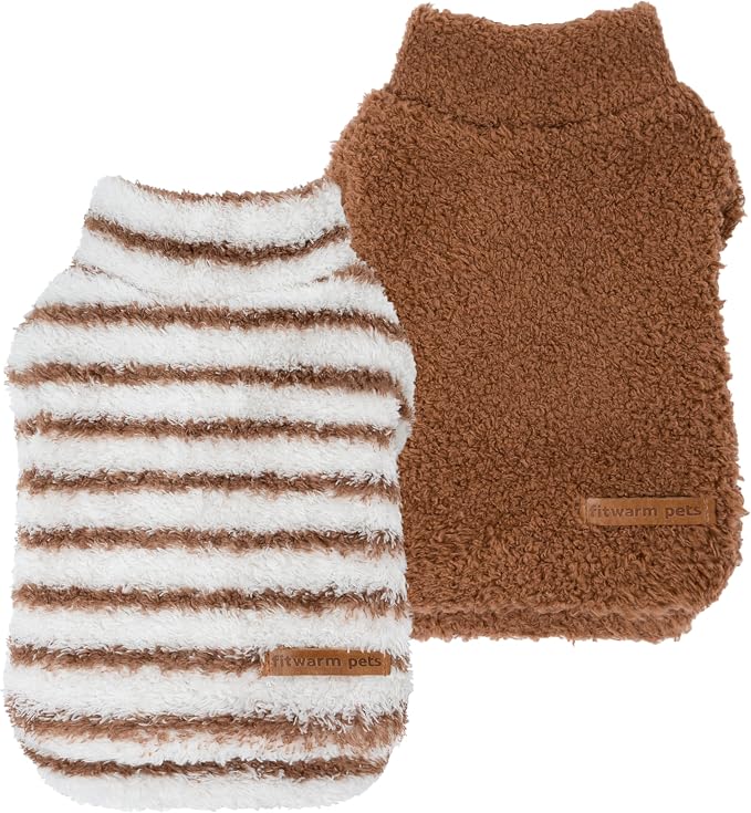 Fitwarm 2 Pack Striped Fleece Dog Sweater, Warm Winter Clothes for Small Dogs Boy Girl, Fuzzy Pet Outfit, White, Brown, Small