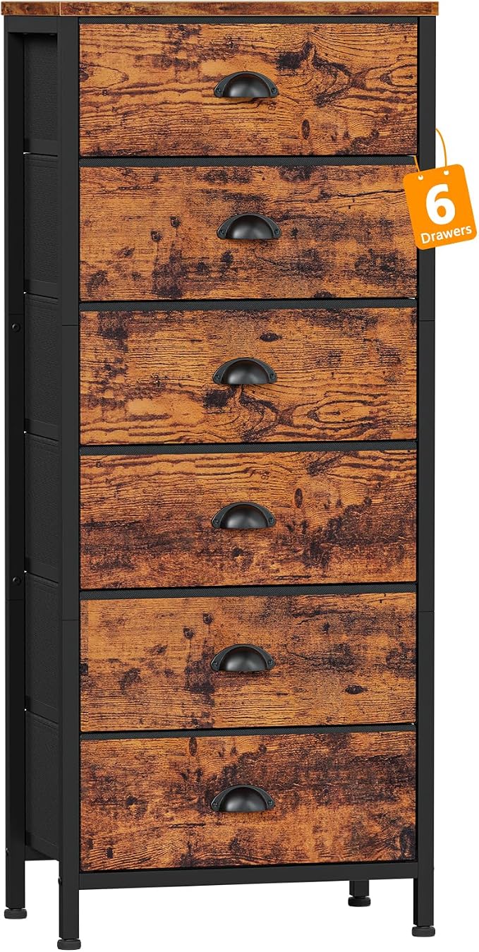Dresser for Bedroom, 6 Bins Tall Fabric Storage Drawers | Rustic Brown Chest of Drawers , Metal Frame, Wood Top,Tall Nightstand for Dorm,Closet, Bedside Furniture in Living Room