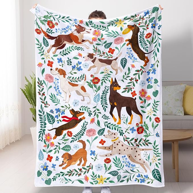 Dog Blanket Ultra Soft Floral Throw Blankets Gifts for Dog Lover Blanket Flower Leaves Flannel Fleece Throw Lightweight Warm Cozy Fuzzy Plus Cabin Blanket for Bed Sofa,60" X 80"