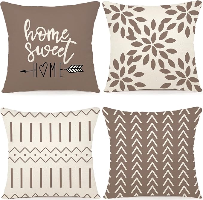 YCOLL Pillow Covers 16x16 Set of 4, Modern Sofa Throw Pillow Cover, Decorative Outdoor Linen Fabric Pillow Case for Couch Bed Car, Khaki