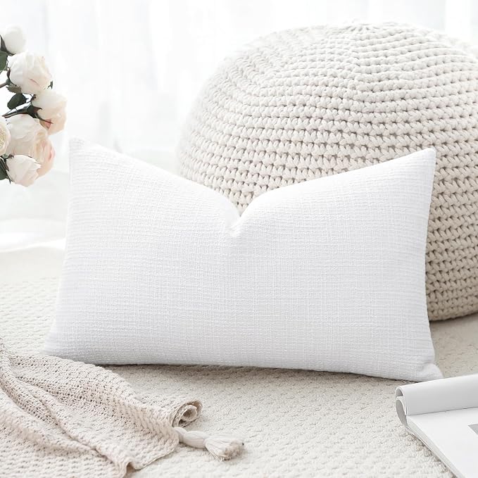 OTOSTAR Linen Throw Pillow Cover Set of 1 Decorative Lumbar Pillowcases Cushion Covers 12x20 Inch for Home Decor Sofa Bedroom Car 30 x 50CM Pure White