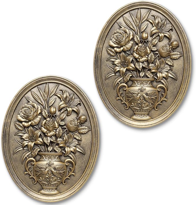 Vintage Flower Wall Sculpture 2 Pack ,Antique Wall Decor,Vintage Floral Wall Art, Hand Painted Wall Decoration with Embossed Flowers Design, Gold Wall Decor for Living Room Bedroom Dining Room, Housewarminng Gifts (Gold Flowers)