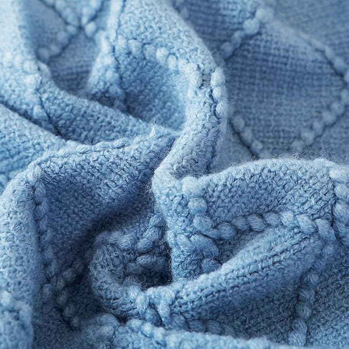 BOURINA Blue Throw Blanket 50x60 Inch Boho Knitted Soft Throw Sofa Blanket | Knitted Throw Blanket 50x60 Inches, Soft Lightweight Boho Weave Throw Decorative Couch Blanket for Living Room Bedroom Chair