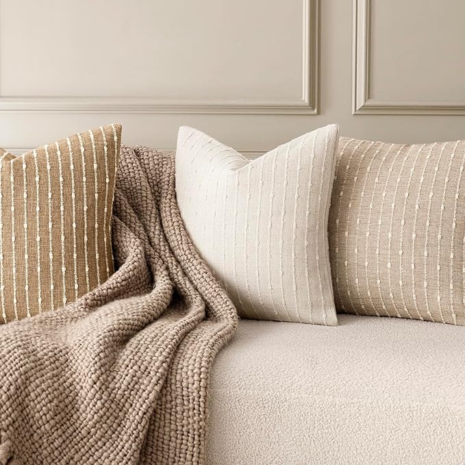 Foindtower Pack of 2 Decorative Jacquard Boucle Lumbar Throw Pillow Covers Accent Textured Striped Pillowcases Cozy Boho Cushion for Couch Sofa Bedroom Living Room Home Decor 12x20 Inch Cream White