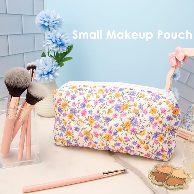 PAZIMIIK Small Quilted Makeup Bag,Zipper Cosmetic Pouch,Ditsy Floral,6 Pack | Lightweight Cosmetic Bag Organizer for Women,Purse Storage Holds Makeup,Toiletries,Skincare,Beauty Essentials,Travel Items