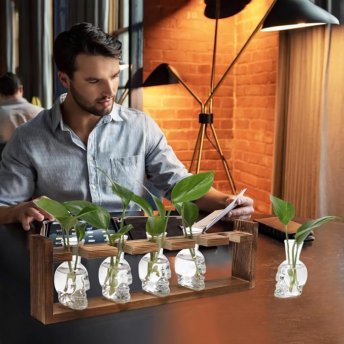 Plant Terrarium Propagation Stations Halloween Skull Planter Vase Skulls | decor With Wooden Stand Gife for Father - 5 Vases