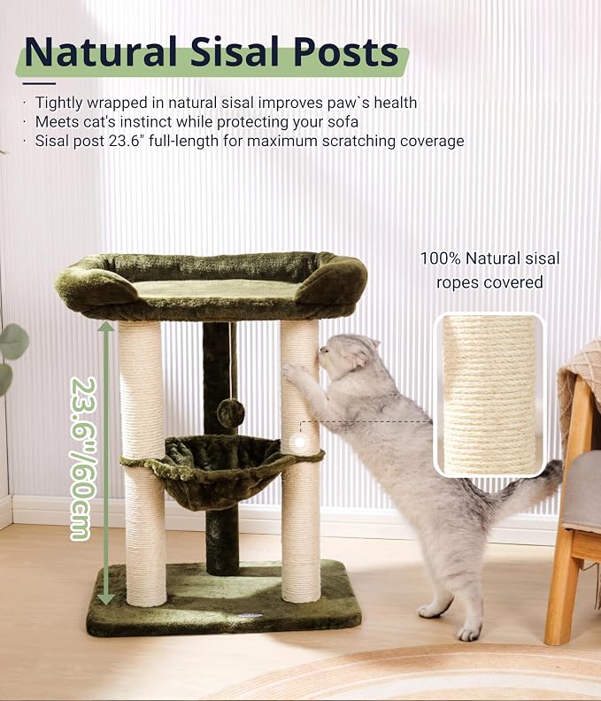 Cat Tree, Cat Scratching Posts with Large Bed for Big Cats | Green, Small Cat Tower, 28" Tall For Window Viewing, 23.6"x15.7" Large Cat Bed, Cat Hammock, Removable Cover, Solid Structure