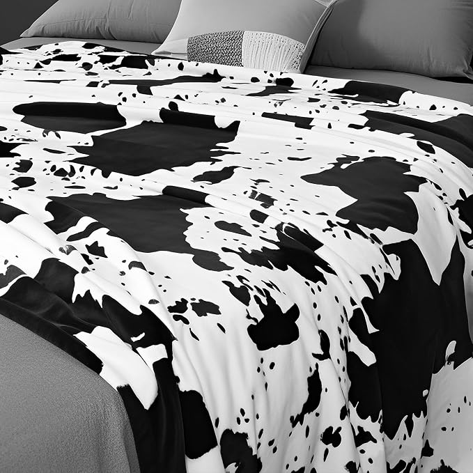 Edenleaf Cow Print Blanket, Ultra Soft Cozy Throw for Couch Bed and Travel, Cow Decor Throw Blankets for All Seasons 50"x60" (Black)