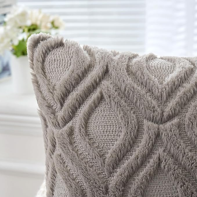 MIULEE Dark Grey Soft Plush Faux Wool Lumbar Throw Pillow Covers 12x20 | Set of 2, Farmhouse Boho Home Decor, Decorative Cushion Covers for Sofa, Living Room, Bed