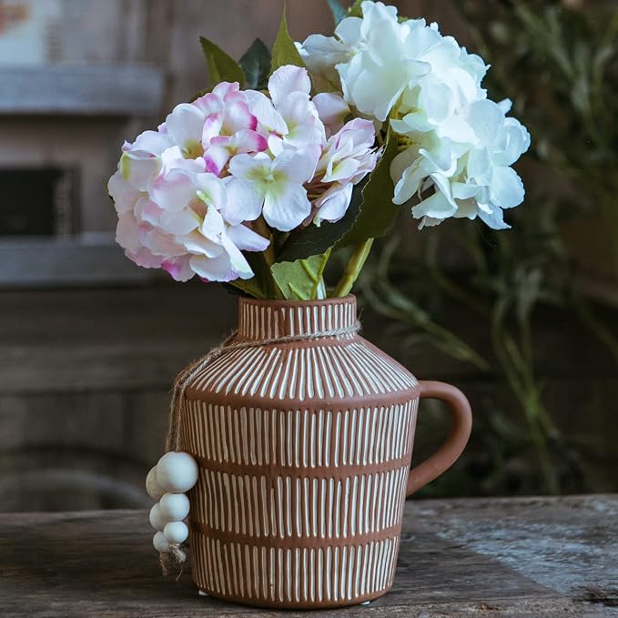 Mowtanco Rustic Farmhouse Vase with Handle and Boho Wooden Beads - Terracotta Vase with Vertical Stripes for Vintage Home Decor