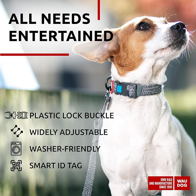 WAUDOG Reflective Cotton Dog Collar Eco-Friendly Alt to Nylon Collar for Small Medium and Large Dogs - Pet Collar with QR ID Tag - Puppy Collar for Large Breed Dogs - Adjustable Male Female Dog Collar