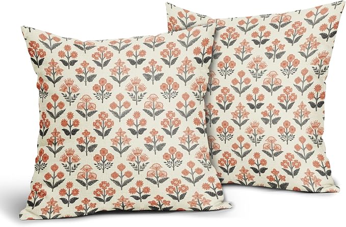 Orange Black Floral Block Print Pillow Covers 20x20 Inch Set of 2, Vintage Flower Pattern Decorative Throw Pillowcases Outdoor Farmhouse Cushion Covers Spring Summer Rustic Sofa Couch Bed Decor