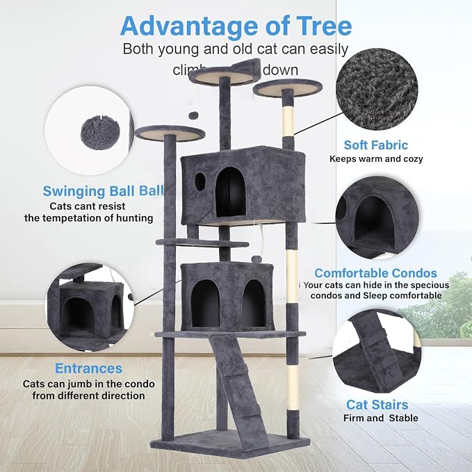 FDW | 81" Cat Tree Tower | Dark Gray | Multi-Level Indoor Activity Center with Sisal Scratching Posts, Condos, Plush Perches, Hanging Cat Toys | Sturdy, Easy to Assemble | for Kittens & Adult Cats