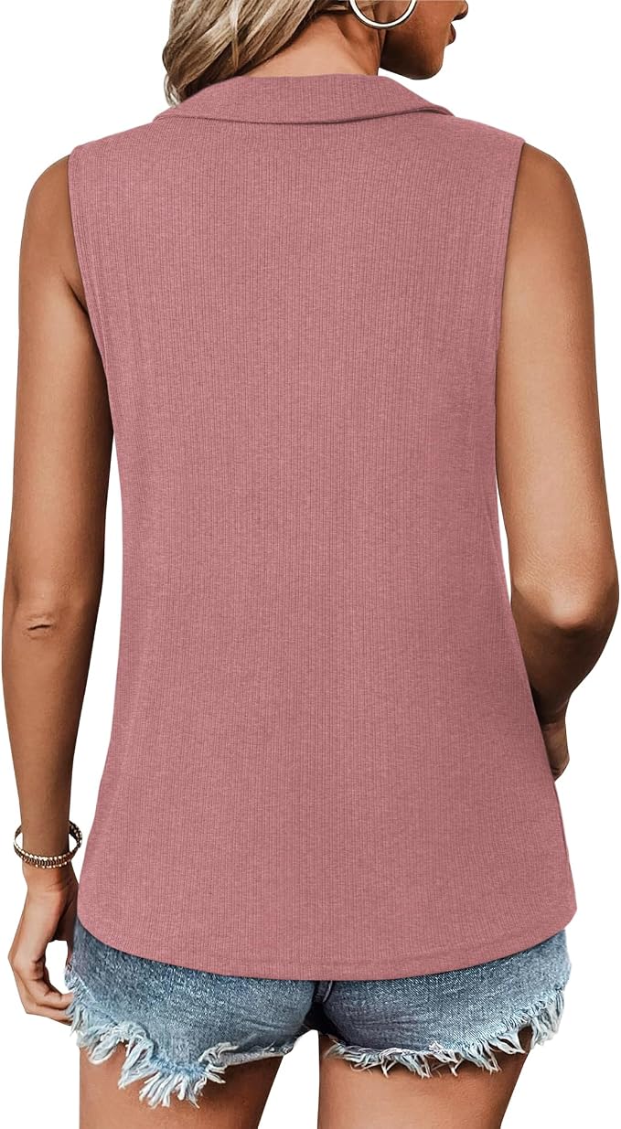 Vivilli Womens Ribbed Tank Top Zipper V Neck Dressy Casual Blouses Sleeveless Camisole Tops Work Tank Polo Shirts