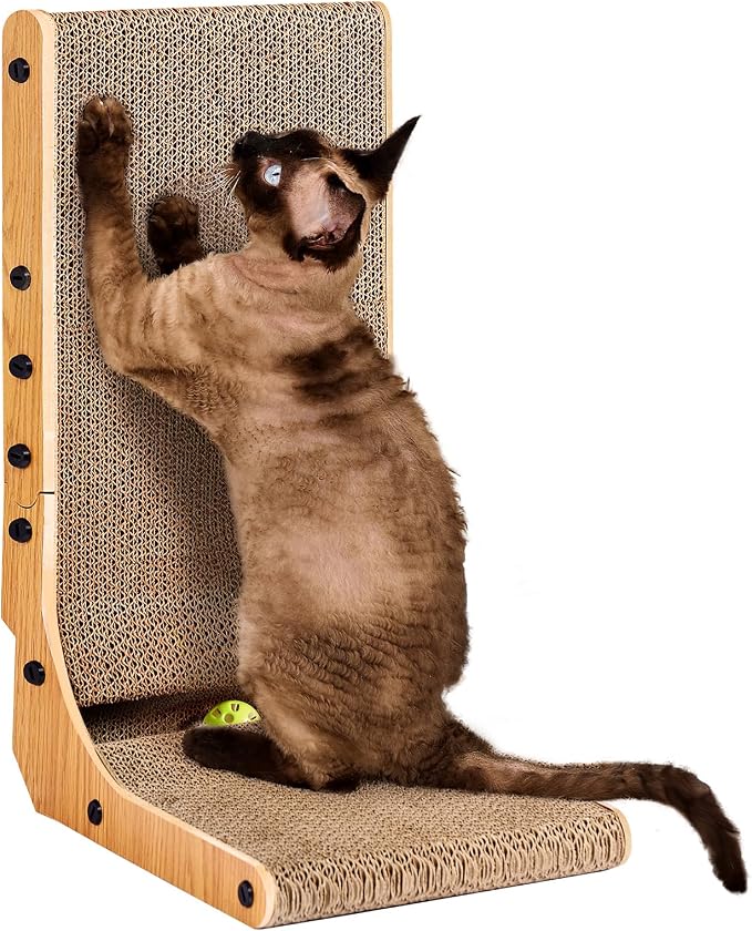EHEYCIGA Cardboard Cat Scratcher for Indoor Cats, 19 Inch, Brown | L Shaped Scratching Post, Vertical Cat Scratching Board with Ball Cat Toy, Furniture Protector, Kitten Cat Scratch Pad