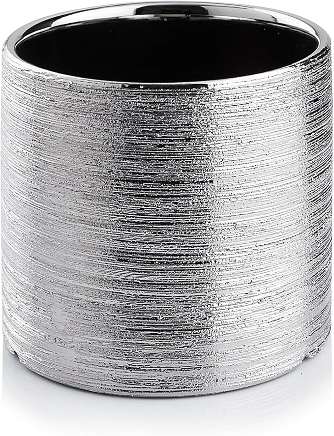 WGVI Silver Etched Ceramic Cylinder Vase Width 6.5" Height 6", Flower Arrangements, Candle Holder, Terrarium Planter Pot, Storage Container Organizer, Pen Brush Holder, Scratched Texture Design, 6 Pc