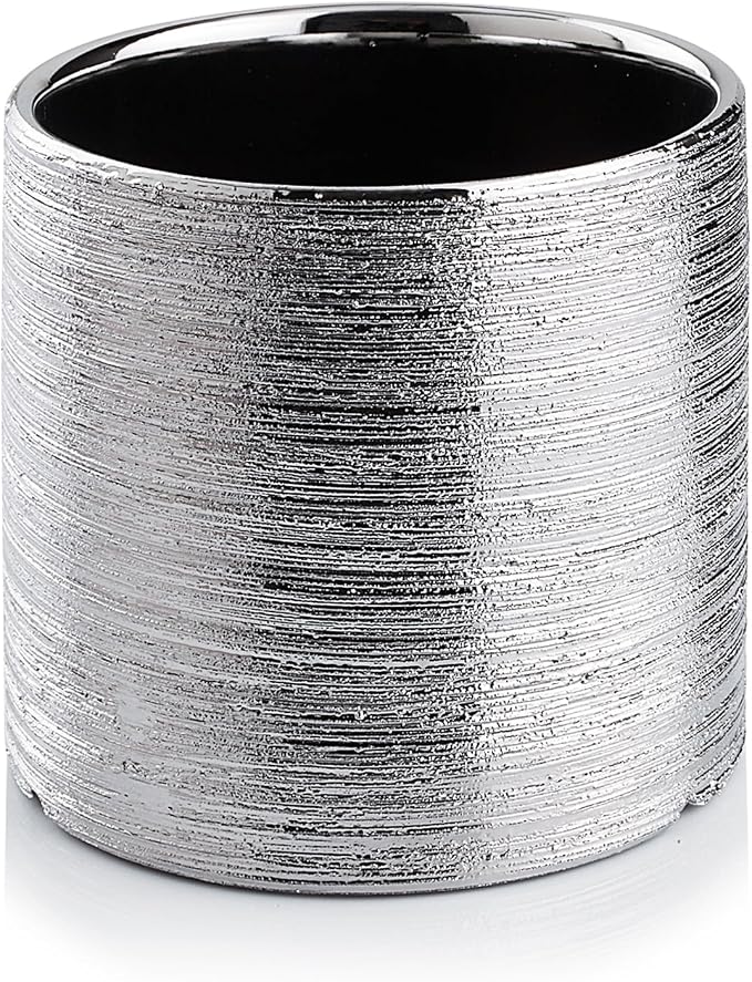 WGVI Silver Etched Ceramic Cylinder Vase Width 5.5" Height 5", Flower Arrangements, Candle Holder, Terrarium Planter Pot, Storage Container Organizer, Pen Brush Holder, Scratched Texture Design, 1 Pc