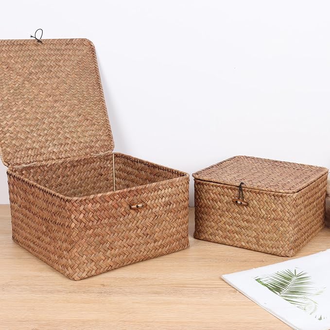 Moosky Wicker Shelf Baskets with Lid, Handwoven Seagrass Storage Basket Bins Square Gift Boxes for Shelves Home Decor Organizer (Coffee, Medium)