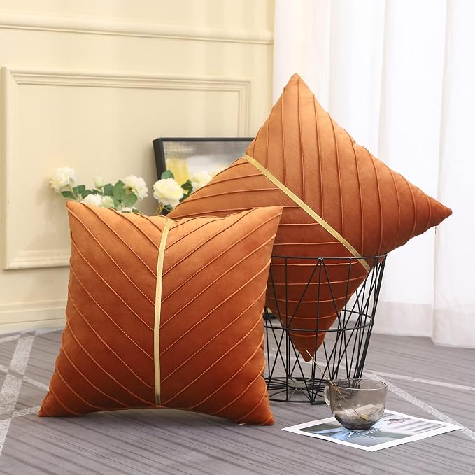 Velvet Throw Pillow Covers 24x24 Pack of 2 Gold Decor Burnt Orange | Soft Solid Pillow Covers,Modern Luxury Home Decor,Halloween Fall Decor,Hidden Zipper,Ideal Gift,Easy Care