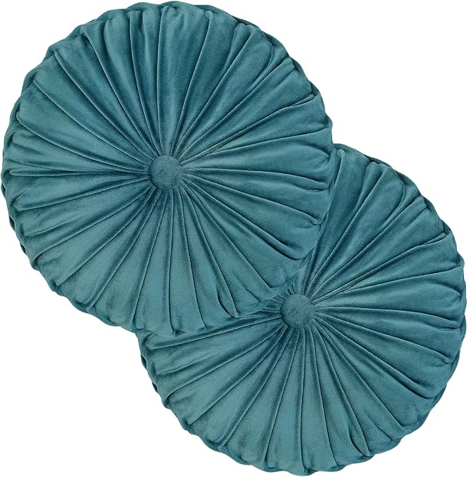 Teieas 2 Pcs Round Throw Pillows Decorative Velvet Pleated Bed Pillows | Floor pillow,back support for couch,chair,dorm,car,sofa,home decor lake blue 14.96 in