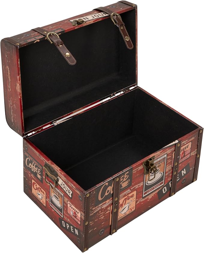 Household Essentials Medium Decorative Storage Trunk Faux Decoupage with Leather and Metal Accents, Antique Brown