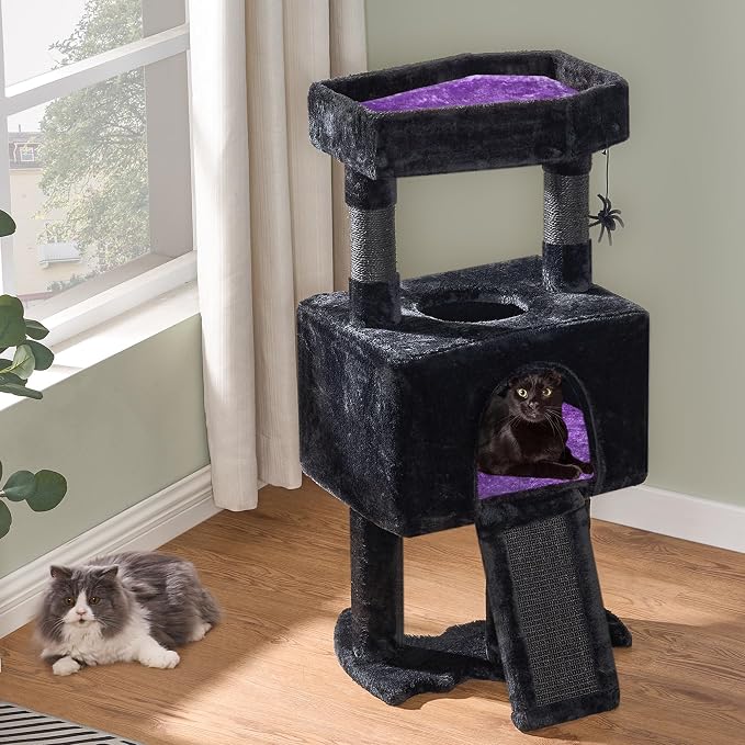 BEWISHOME Cat Tree Tower for Indoor Cats, Gothic Cat Trees with Coffin Bed | Cat Condo Cat House with Scratching Board, Cat Shelves with Spider Toy, Pet Play Activity Center Black with Purple, MMJ95Z