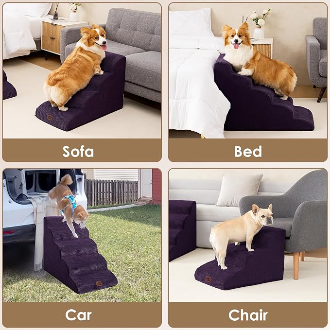 EHEYCIGA Curved Dog Stairs Ramp, 5-Step High Beds, 22.6" H Pet Step | 33D density of pure foam, for Small Dogs and Cats, Pet Stairs for High Bed Climbing, Non-Slip Balanced Indoor, Purple